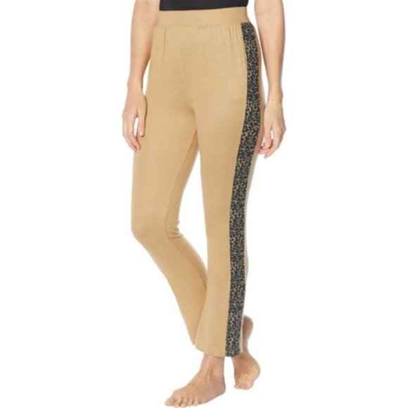 NWT RHONDA SHEAR KNIT LOUNGE PANTS SUNTAN W/ANIMAL PRINT LARGE - Picture 1 of 4